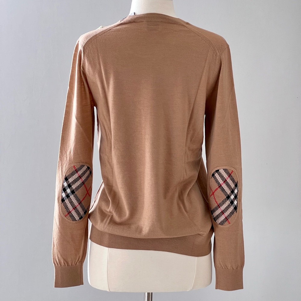 Burberry Wool Sweater with Check Elbow Patches in Camel